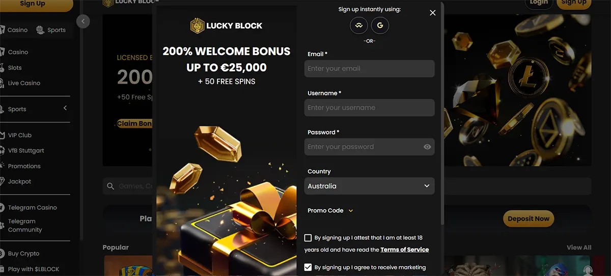 Casino registration popup with welcome bonus offer and sign up form