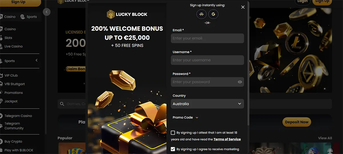 Casino registration popup with welcome bonus offer and sign up form